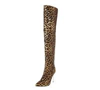 Women's Metallic Glossy Patent Leather Over The Knee Stiletto Heel Boots Pointed Toe Thigh High Fashion Footwear for Cosplay Evening Party Runway and Night Out,Leopard Print,4 UK