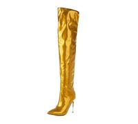 Women's Metallic Glossy Patent Leather Over The Knee Stiletto Heel Boots Pointed Toe Thigh High Fashion Footwear for Cosplay Evening Party Runway and Night Out,Yellow,5 UK