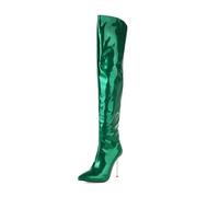 Women's Metallic Glossy Patent Leather Over The Knee Stiletto Heel Boots Pointed Toe Thigh High Fashion Footwear for Cosplay Evening Party Runway and Night Out,Green,3 UK