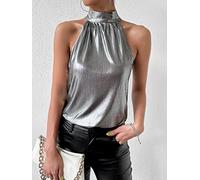 Women's Metallic Halter Top Tie Back Mock Neck Sleeveless Shiny Party Going Out Tops