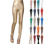 Women's Metallic Leggings Shiny Trousers with High Waist Shiny Leggings Fancy Dress Costumes Carnival Glitter Metallic Trousers Women's 80s Metallic Leggings Silver Leggings Disco Outfit, gold, S