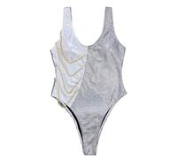 Women's Metallic Look Swimsuit with Chain Detail - Extravagant One-Piece with Asymmetric Design | Party and Festival Swimsuit, Style_p01 Silver, L