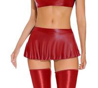 Women's Metallic Mini Skirt - Shiny Flared Stretchy See-Through Oil Glossy Pleated Low Waist Sheer A-Line Shimmery Red L