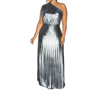 Women's Metallic One Shoulder Sleeveless Pleated Long Dress Elegant Sparkly Bodycon Satin Cocktail Prom Dresses Silver