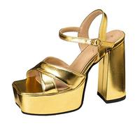 Women's Metallic Platform Heels Square Toe Block Heel Sandals Open Toe Glam Party Dress Heels Fashion Platform Sandals for Cocktail Event & Evening Wear,Gold,4.5 UK