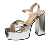 Women's Metallic Platform Heels Square Toe Block Heel Sandals Open Toe Glam Party Dress Heels Fashion Platform Sandals for Cocktail Event & Evening Wear,Silver,4.5 UK