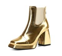 Women's Metallic Square Toe Chunky High Heel Ankle Boots,Luxurious Bright Silver Back Zipper Comfy Short Boots,Fashion Show Model Catwalk Party Booties,Gold,3.5 UK