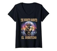 Women's Mexican Bigfoot Sasquatch The Burrito Bandito El Squatcho V-Neck T-Shirt
