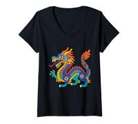 Women's Mexican Dragon Quetzalcoatl Boho Aztec Feathered Serpent V-Neck T-Shirt