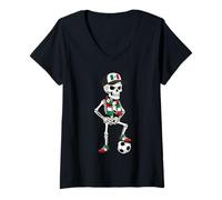 Women's Mexican Flag Soccer Ball Skeleton V-Neck T-Shirt