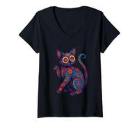 Women's Mexican Folk Art Cat Sugar Skull Feline Artwork V-Neck T-Shirt