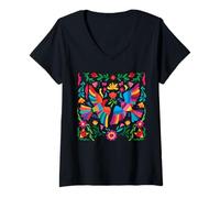 Womens Mexican Otomi Floral Bird Flower Mexico Traditional Handmade V-Neck T-Shirt