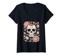Womens Mexican Skeleton Head Rose Flora Halloween Cottagecore V-Neck T-Shirt