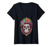 Womens Mexican Skull Sugar Skull and Flowers Dia de Los Muertos V-Neck T-Shirt