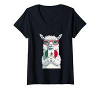 Womens Mexico Alpaca Portrait Sunglasses Mexican Flag Mexican Llama V-Neck T-Shirt