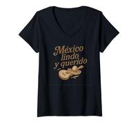Womens México Lindo y Querido Classic Mexican Guitar and Sombrero V-Neck T-Shirt