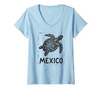 Women's Mexico Sea Turtle Aztec | Mayan Tribal - Retro Stamp Print V-Neck T-Shirt