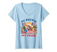Womens Mi Patria My Pride Puerto Rican Heritage Coquí & Flag Design V-Neck T-Shirt