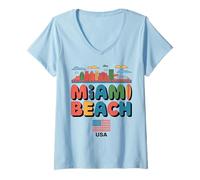 Womens Miami Beach Palm Trees City Travel Design V-Neck T-Shirt