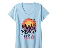 Womens Miami Beach Palm Trees City Travel Design V-Neck T-Shirt