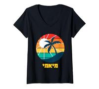 Women's Miami, Florida in Hebrew Sunny Beach Sunset Palm Tree V-Neck T-Shirt