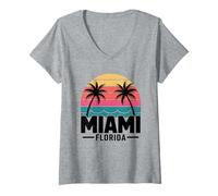 Womens Miami Florida Retro Sunset Palm Trees Beach Vibes V-Neck T-Shirt