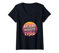 Womens Miami Nights 1986 Retro Vaporwave Sunset Vibes V-Neck T-Shirt