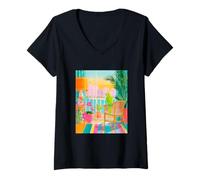 Womens Miami Parrot City Sunset Tropical Aesthetic V-Neck T-Shirt
