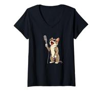 Womens Mic Cat Outfit for Karaoke Night V-Neck T-Shirt