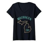 Women's Michigan 313 Area Code Graphic - Great Lakes State Detroit V-Neck T-Shirt