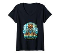 Women's Michigan Great Lakes Bear Water Nature Vibes V-Neck T-Shirt