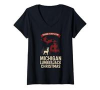 Womens Michigan Lumberjack Xmas Shirt MI Cozy Plaid Reindeer V-Neck T-Shirt