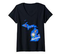 Womens Michigan Map State Symbols Flower Bird Fish V-Neck T-Shirt