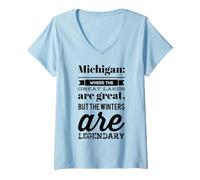 Women's Michigan: Where the Lakes are Great & the Winters Legendary V-Neck T-Shirt