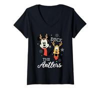 Womens Mickey Mouse and Pluto Deck The Antlers Christmas V-Neck T-Shirt