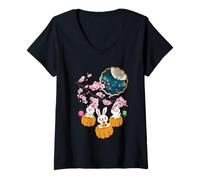 Womens Mid-Autumn Festival Sakura Blossom Cute Rabbit Mooncake V-Neck T-Shirt