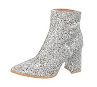 Womens Mid Block Heel Glitter Pointed Toe Ankle Boots Ladies Zipper Party Prom Booties Sparkly Dress Shoes Short Boots Shinny Bling Wedding Shoes Silver Footwear Gift Size 6