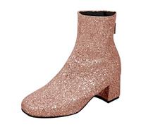 Womens Mid Block Heel Glitter Square Toe Ankle Boots Ladies Back Zipper Party Prom Booties Sparkly Dress Shoes Short Boots Shinny Bling Rose Gold Footwear Gift Size 6.5