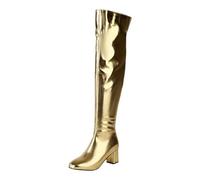 Women's Mid Block Heel Over The Knee Boots Patent Leather Thigh High Shoes with Zipper Round Toe Platform Long Boots