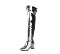 Women's Mid Block Heel Over The Knee Boots Patent Leather Thigh High Shoes with Zipper Round Toe Platform Long Boots