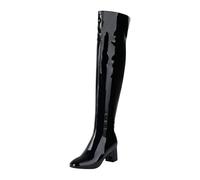 Women's Mid Block Heel Over The Knee Boots Round Toe Platform Long Boots Patent Leather Thigh High Shoes with Zipper