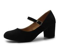 Womens Mid Block Heels Mary Jane Ankle Strap Court Shoes Ladies Comfort Work Pumps Formal Smart Office Low Heeled Strappy Slip On Dolly Shoes Black Faux Suede