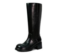 Women's Mid Calf Boots Block Heel Square Toe Pull On Shoes (Black, 3.5)
