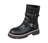 Women's Mid Calf Boots Fashion Slip On Design with Stretch Buckle Chunky Heel Comfortable Casual Wear Non Slip Sole Winter Ankle Footwear for Daily Use (Black, 4)