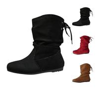 Womens Mid Calf Boots Flat, Womens Slouch Boots, Drawstring Back Closure | Soft Pu Upper-Simulated Suede Womens Boots, Skid-Resistant Textured Outsole Womens Casual Boots For Daily Activities