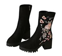 Women's Mid-Calf Boots Floral Embroidered Chunky Heel Platform Round Toe Side Zipper Combat Boots Ladies Elegant Casual Shoes Autumn Winter size 7