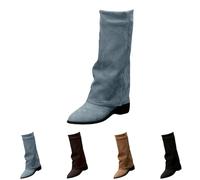 Women's Mid Calf Boots Fold Over Tie-Dyed Denim Canvas Platform Low Heels Biker Booties Pointed Toe Pull On Casual Lightweight Comfortable Western Cowboy Cowgirl Boots Size 4.5 Blue