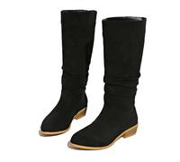 Womens Mid Calf Boots Foreign Trade Europe America Autumn Winter Plus Size Round Toe Solid Color Thick Heel Stacked Boots(Black, 5)