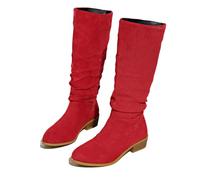 Womens Mid Calf Boots Foreign Trade Europe America Autumn Winter Plus Size Round Toe Solid Color Thick Heel Stacked Boots(Red, 4)