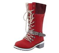 Women'S Mid Calf Boots Knitted Ruched Riding Motorcycle Boots | Ladies Square Heel Lace Up Round Toe Cowboy Boots,Winter Outdoor Non Slip Walking Hiking Shoes For Daily Walking,Cold Wet
